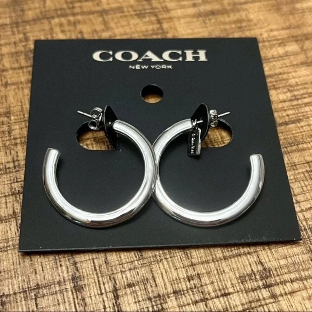 Coach Silver Polished Open Hoop Earrings Classic Logo NWT - Picture 2 of 4